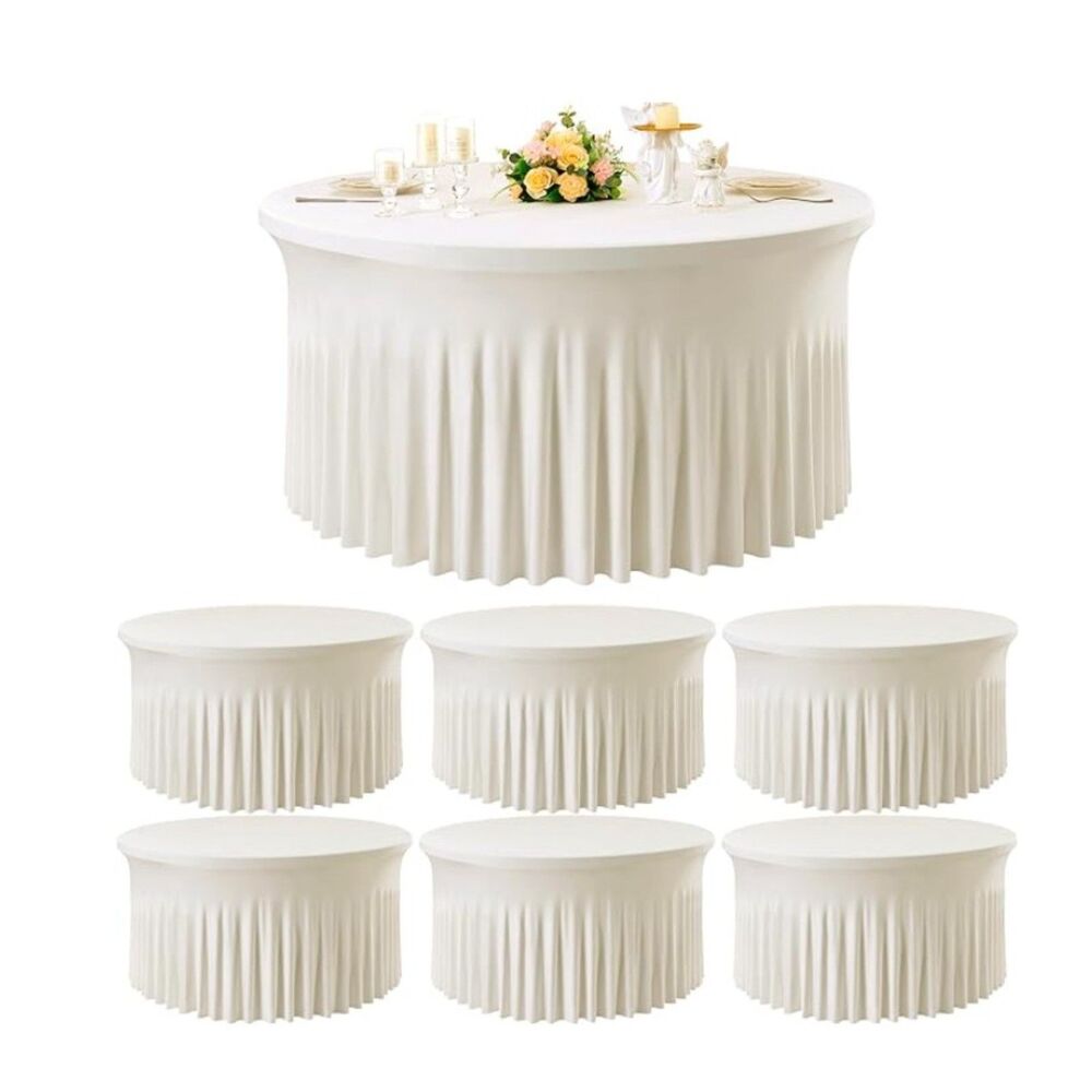 6 Pack Ivory Spandex Round Tablecloths Cover with Skirt for Wedding Party 5ft